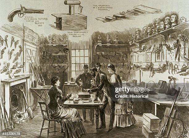 The interior of the Convict Office at Scotland Yard contains a library of record books containing details of the biography of convicted persons in...