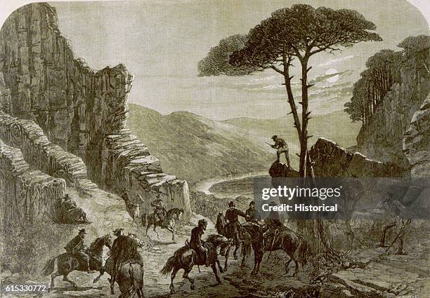 Confederate Colonel Mosby's corps of irregular cavalry rendezvous at a moonlit pass of the Blue Ridge Mountains in the Shenandoah Valley, USA, ca....