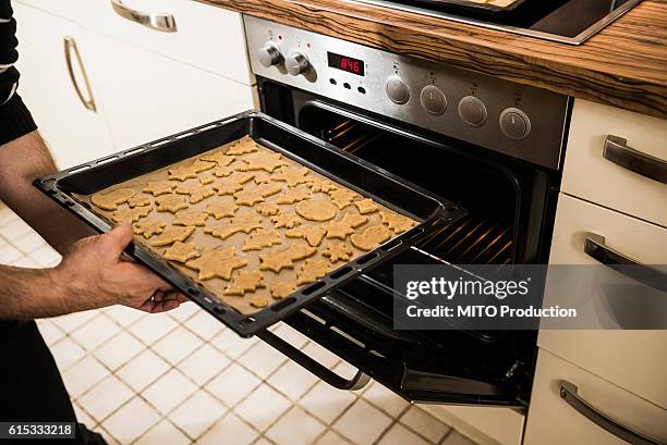 man inserting baking tray in oven for baking cookies, munich, bavaria, germany - sugar cookie stock pictures, royalty-free photos & images