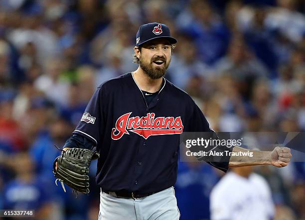 Andrew Miller of the Cleveland Indians celebrates after defeating the Toronto Blue Jays 4-2 in ALCS Game 3 at the Rogers Centre on Monday, October...