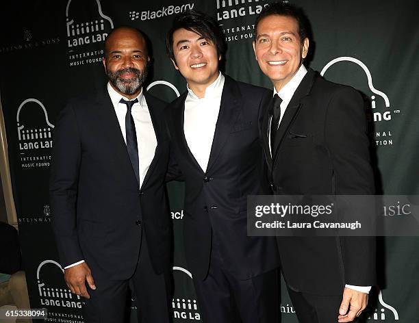 Jeffrey Wright, Lang Lang and Michael Feinstein attend the Lang Lang International Music Foundation Gala at Cipriani 25 Broadway on October 17, 2016...