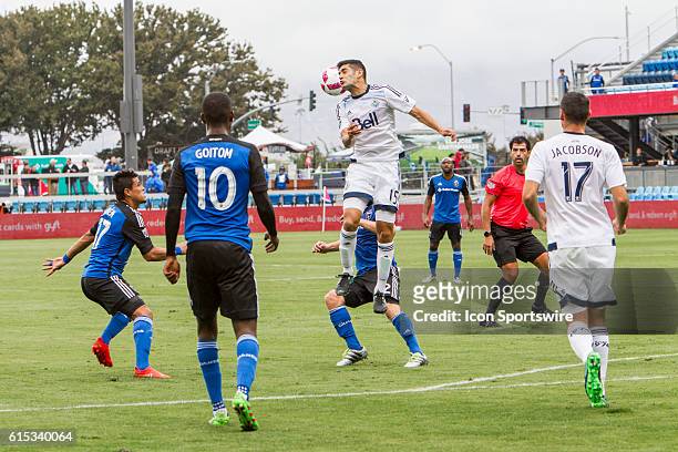 Vancouver Whitecaps player Matias Laba heads the ball during the Major League Soccer game between the Vancouver Whitecaps and the San Jose...