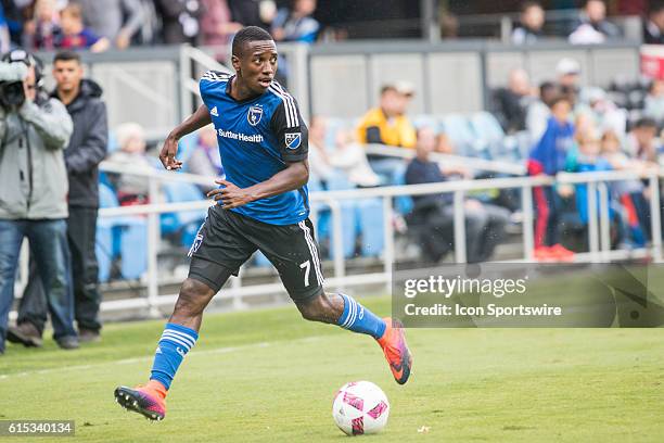 San Jose Earthquakes Midfielder Cordell Cato looks for an opening during the Major League Soccer game between the Vancouver Whitecaps and the San...