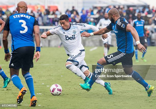 Vancouver Whitecaps forward Erik Hurtado fights through traffic during the Major League Soccer game between the Vancouver Whitecaps and the San Jose...