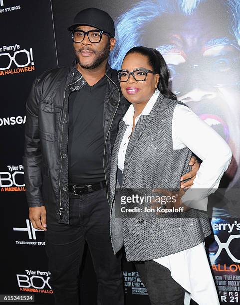 Tyler Perry and Oprah Winfrey arrive at the Los Angeles Premiere "Boo! A Madea Halloween" at ArcLight Cinemas Cinerama Dome on October 17, 2016 in...