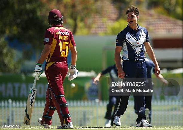 Marcus Stoinis of the Bushrangers celebrates in the direction of Joe Burns of the Bulls after taking the wicket of Jimmy Peirson of the Bulls during...