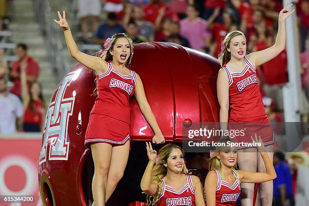 Houston Cougar cheerleaders during the Tulsa Golden Hurricanes at Houston Cougars game at TDECU Stadium, Houston, Texas.