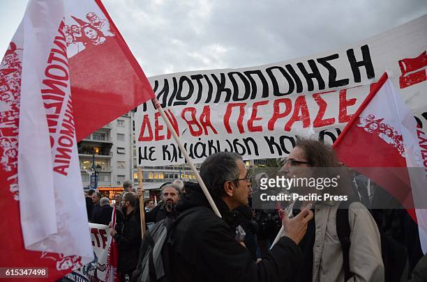 Union demonstrate in Athens in front of the Greek parliament against austerity and the deregulation of employment laws.