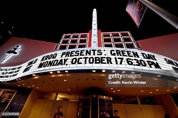The marquee is shown at the Green Day concert at the Hollywood Palladium on October 17, 2016 in Los Angeles, California.