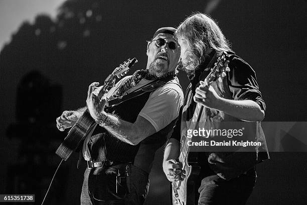 Image has been coverted to Black and White] Musicians Ian Anderson and Florian Opahle of Jethro Tull: Written And Performed By Ian Anderson perform...