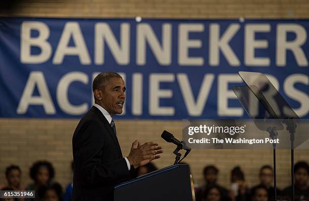 President Barack Obama makes remarks at Benjamin Banneker Academic High School in Washington, D.C., on Monday, October 17, 2016. D.C. Mayor Muriel...