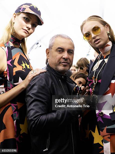 Supermodels Karlie Kloss and Romee Strijd poses with the designer Elie Saab prior the Elie Saab show as part of the Paris Fashion Week Womenswear...