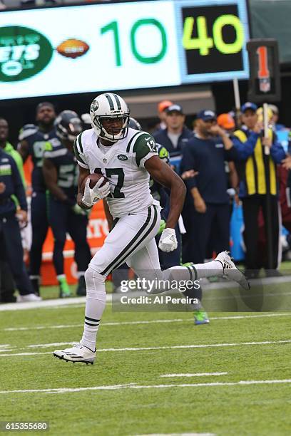 Wide Receiver Charone Peake of the New York Jets scores a Touchdown against the Seattle Seahawks during their game at MetLife Stadium on October 2,...