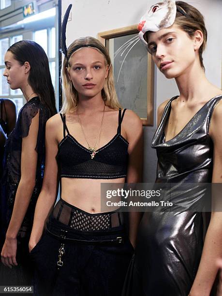 Models Frederikke Sofie and Sean Levy poses prior the John Galliano show as part of the Paris Fashion Week Womenswear Spring/Summer 2017 on October...