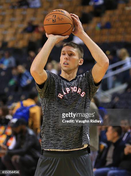 Jarrod Uthoff of the Toronto Raptors warms up prior to an NBA preseason game against San Lorenzo de Almagro at Air Canada Centre on October 14, 2016...