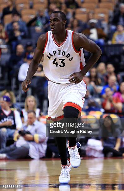 Pascal Siakam of the Toronto Raptors runs up the court during a NBA preseason game against San Lorenzo de Almagro at Air Canada Centre on October 14,...