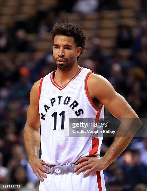 Drew Crawford of the Toronto Raptors looks on during a NBA preseason game against San Lorenzo de Almagro at Air Canada Centre on October 14, 2016 in...