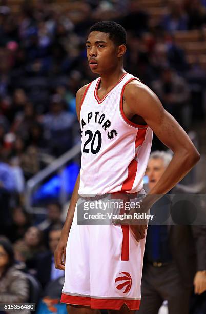 Bruno Caboclo of the Toronto Raptors looks on during a NBA preseason game against San Lorenzo de Almagro at Air Canada Centre on October 14, 2016 in...