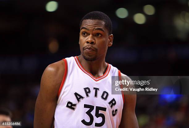 Yanick Moreira of the Toronto Raptors looks on during a NBA preseason game against San Lorenzo de Almagro at Air Canada Centre on October 14, 2016 in...