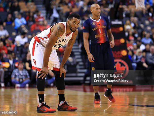 Norman Powell of the Toronto Raptors looks on during a NBA preseason game against San Lorenzo de Almagro at Air Canada Centre on October 14, 2016 in...