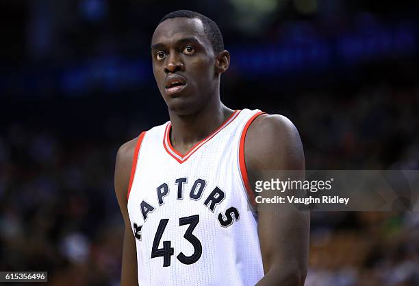 Pascal Siakam of the Toronto Raptors looks on during a NBA preseason game against San Lorenzo de Almagro at Air Canada Centre on October 14, 2016 in...