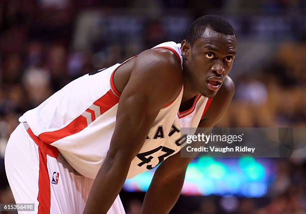 Pascal Siakam of the Toronto Raptors looks on during a NBA preseason game against San Lorenzo de Almagro at Air Canada Centre on October 14, 2016 in...