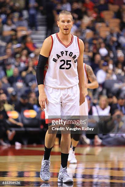 Singler of the Toronto Raptors looks on during a NBA preseason game against San Lorenzo de Almagro at Air Canada Centre on October 14, 2016 in...