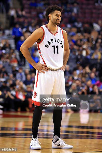 Drew Crawford of the Toronto Raptors looks on during a NBA preseason game against San Lorenzo de Almagro at Air Canada Centre on October 14, 2016 in...