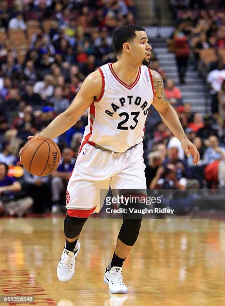 Fred VanVleet of the Toronto Raptors dribbles the ball during a NBA preseason game against San Lorenzo de Almagro at Air Canada Centre on October 14,...