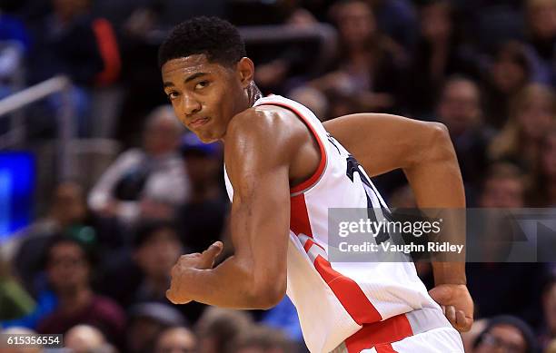 Bruno Caboclo of the Toronto Raptors runs up the court during a NBA preseason game against San Lorenzo de Almagro at Air Canada Centre on October 14,...