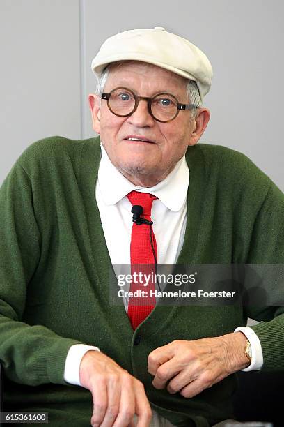 David Hockney arrives to the opening press conference of the 2016 Frankfurt Book Fair on October 18, 2016 in Frankfurt am Main, Germany. The 2016...
