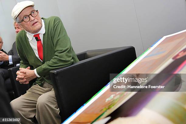 David Hockney shows his 2000 Euro "David Hockney sumo" book, during the opening press conference of the 2016 Frankfurt Book Fair on October 18, 2016...