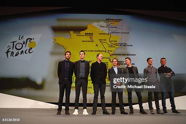 To R: Thibaut Pinot, Romain Bardet, Chris Froome, Richie Porte, Julian Alaphilippe, Adam Yates and Thomas Voeckler line up in front of the 2017 race...
