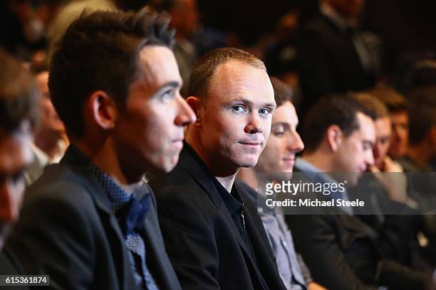 Chris Froome of Great Britain and Team Sky looks on alongside Romain Bardet of France and AG2R La Mondiale during Le Tour de France 2017 Route...