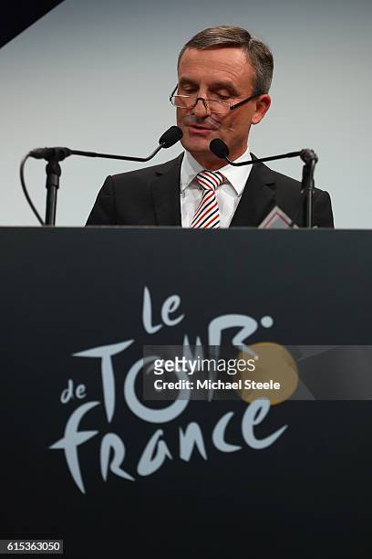 Thomas Geisel the Mayor of Dusseldorf and host of the opening stage during Le Tour de France 2017 Route Announcement at the Palais des Congres on...