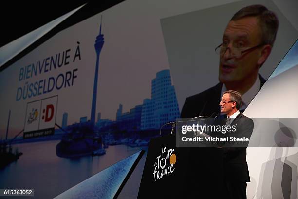 Thomas Geisel the Mayor of Dusseldorf and host of the opening stage during Le Tour de France 2017 Route Announcement at the Palais des Congres on...