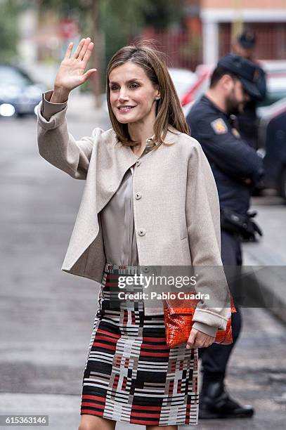 Queen Letizia of Spain arrives for a meeting at CSME on October 18, 2016 in Madrid, Spain.