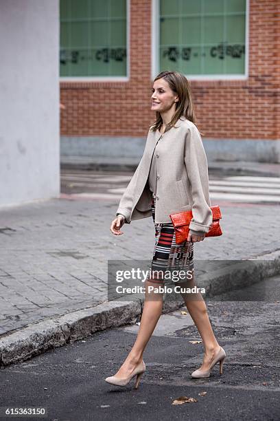 Queen Letizia of Spain arrives for a meeting at CSME on October 18, 2016 in Madrid, Spain.