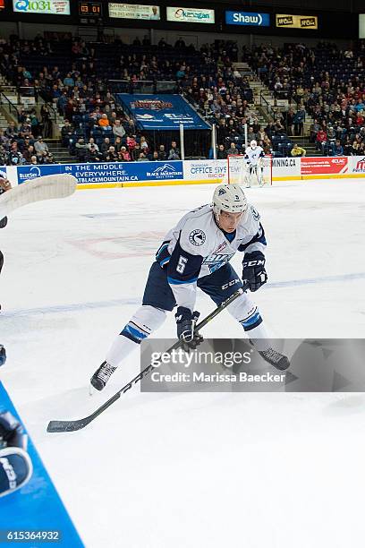 Mason McCarty of Saskatoon Blades skates against the Kelowna Rockets on October 14, 2016 at Prospera Place in Kelowna, British Columbia, Canada.