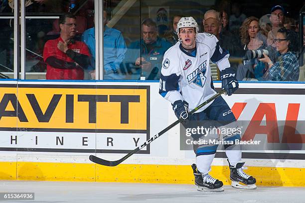 Josh Paterson of Saskatoon Blades skates against the Saskatoon Blades on October 14, 2016 at Prospera Place in Kelowna, British Columbia, Canada.