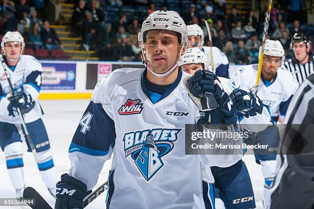 Jesse Shynkaruk of Saskatoon Blades celebrates a goal against the Kelowna Rockets on October 14, 2016 at Prospera Place in Kelowna, British Columbia,...