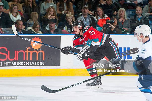 Cal Foote of Kelowna Rockets takes a shot against the Saskatoon Blades on October 14, 2016 at Prospera Place in Kelowna, British Columbia, Canada....