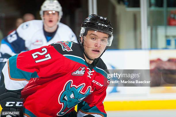 Calvin Thurkauf of Kelowna Rockets skates against the Saskatoon Blades on October 14, 2016 at Prospera Place in Kelowna, British Columbia, Canada.