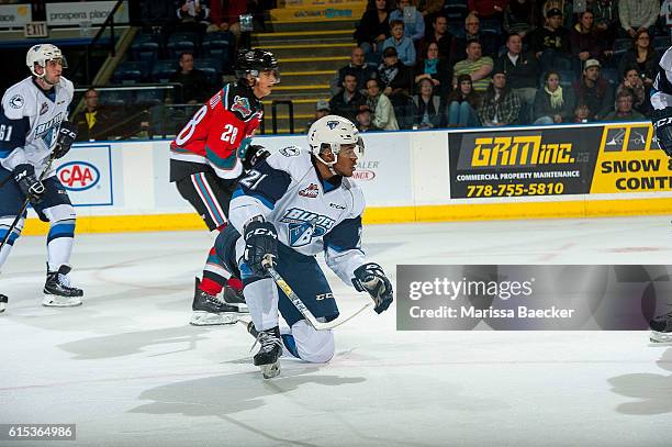 Lukus MacKenzie of Saskatoon Blades attempts to block a shot by the Kelowna Rockets on October 14, 2016 at Prospera Place in Kelowna, British...