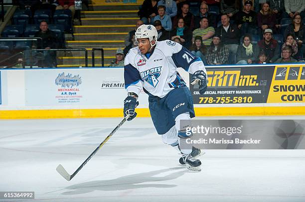 Lukus MacKenzie of Saskatoon Blades skates against the Kelowna Rockets on October 14, 2016 at Prospera Place in Kelowna, British Columbia, Canada.