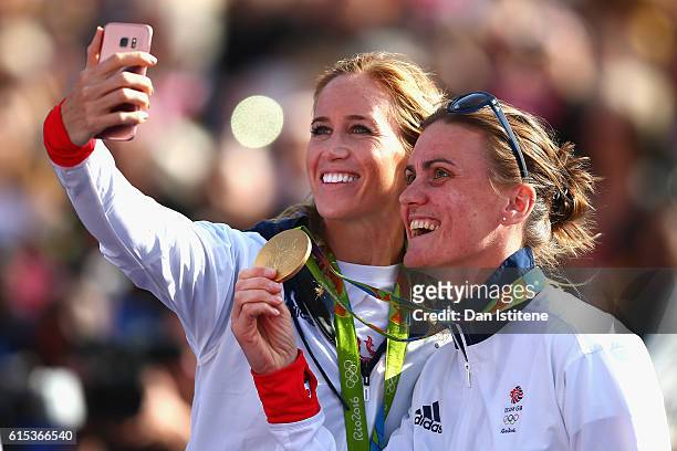 Helen Glover and Heather Stanning pose for a selfie during the Olympics & Paralympics Team GB - Rio 2016 Victory Parade at Trafalgar Square on...