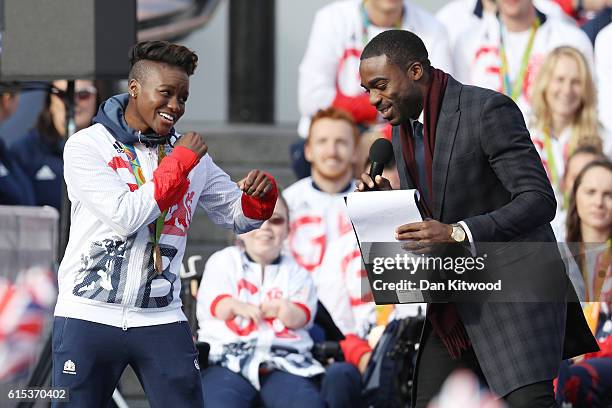 Nicola Adams is interviewed by Ore Oduba during the Olympics & Paralympics Team GB - Rio 2016 Victory Parade at Trafalgar Square on October 18, 2016...