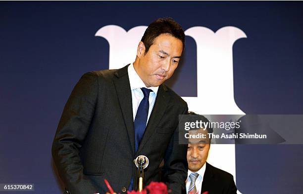 Hiroki Kuroda of Hiroshima Carp attends a press conference on his retirement on October 18, 2016 in Hiroshima, Japan.