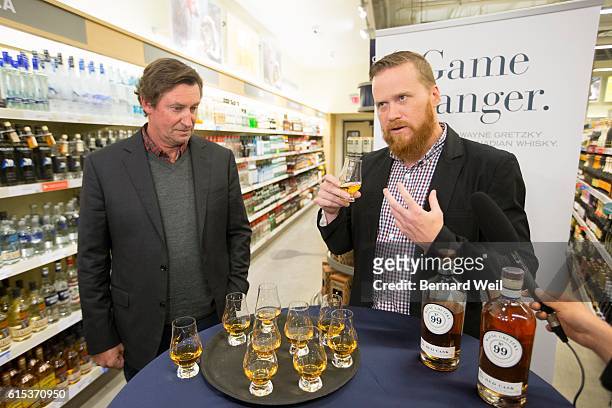 Wayne Gretzky launched his new No. 99 Canadian Whisky at the Maple Leaf Square LCBO, along with Joshua Beach, master distiller.