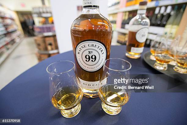 Wayne Gretzky launched his new No. 99 Canadian Whisky at the Maple Leaf Square LCBO, along with Joshua Beach, master distiller.